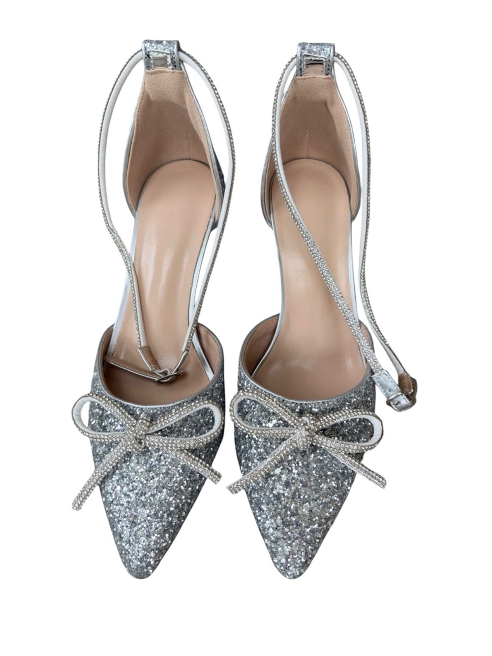 SHEIN Silver Glitter Pointed-Toe Ankle-Strap Heels with Bow - Picture 1 of 11